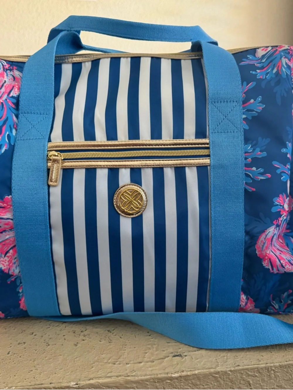 Lilly Pulitzer Blue Floral Stripe Tote with Pink Accents_NWOT_Never used - Picture 2 of 5